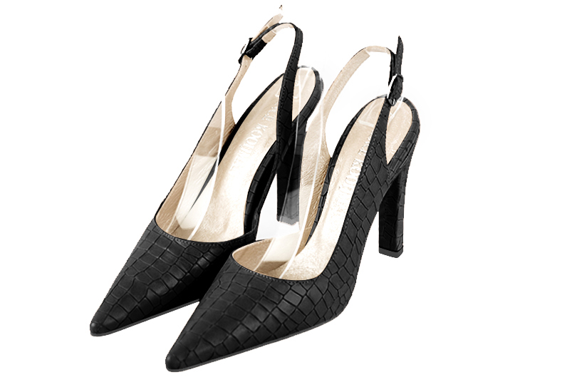 Women's satin black elegant slingback heels. Pointed toe. High slim heel - Front view